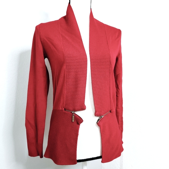Premise Ribbed Cardigan Shawl Collar Open Sweater Zipper Accent Lipstick Red - Picture 12 of 13